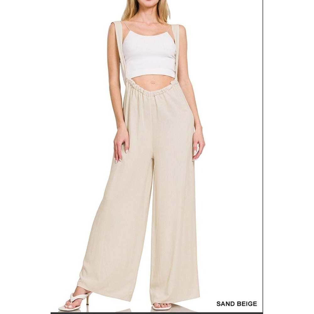 Zenana Sand Beige Tie Back Suspender Jumpsuit Wide Leg Pockets Boho Small